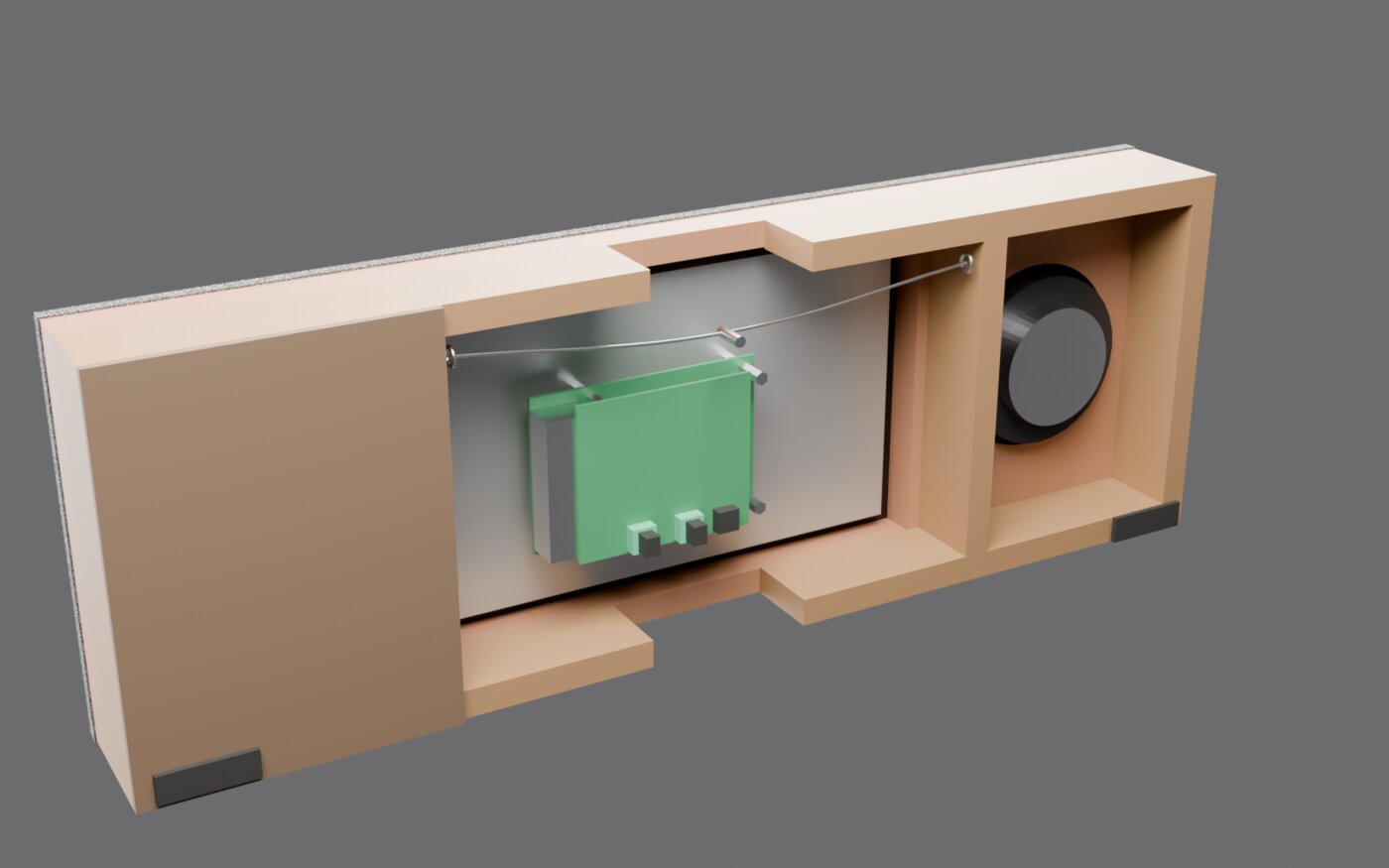 Vue arrière du modèle 3D : la planche, le cadre en tasseau, le compartiment central du Pi et une chambre close pour un haut-parleur